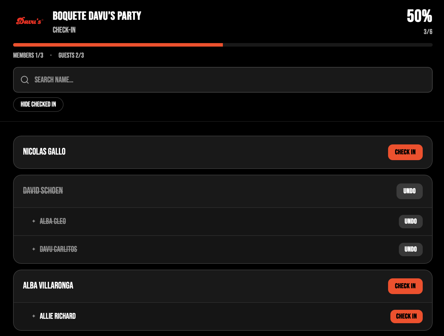 Live check-in dashboard with real-time count