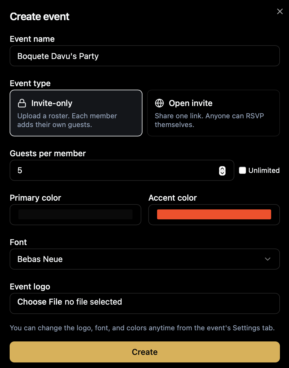 Create event dialog with branding options