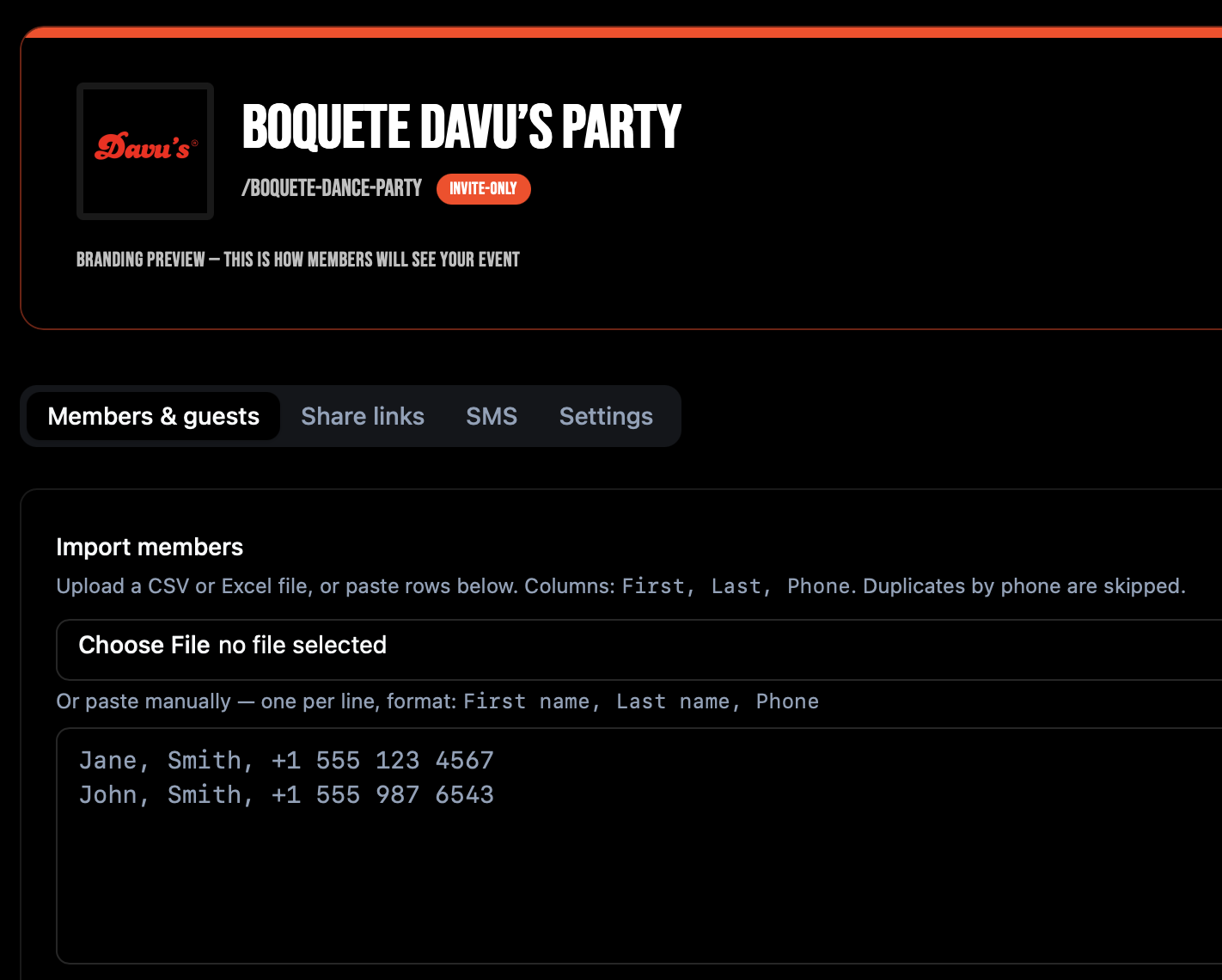 Import members panel inside the event dashboard